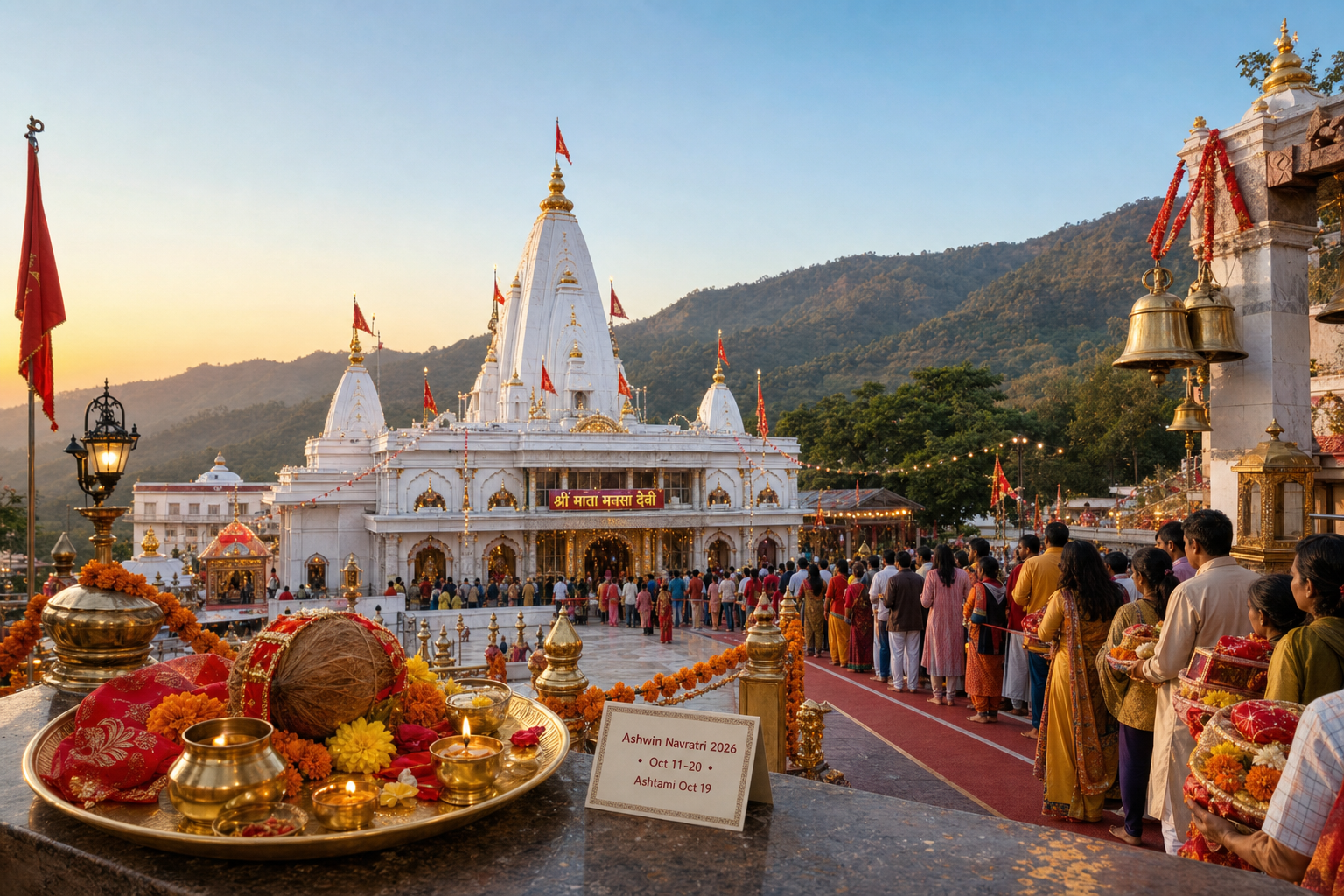 Devotees queue at Shri Mata Mansa Devi Temple in Panchkula during Navratri Mela 2026.