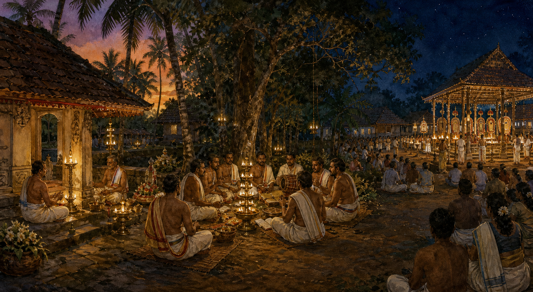 Three connected Kerala ritual settings show singers performing in a shrine courtyard, a sacred grove, and a larger ceremonial ground.