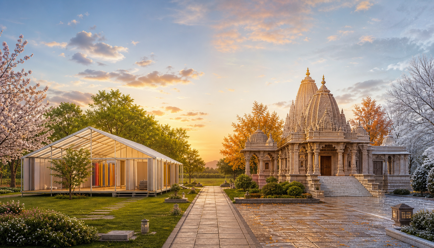 A temporary community hall and a durable Hindu temple complex shown side by side beneath a sequence of changing seasons.