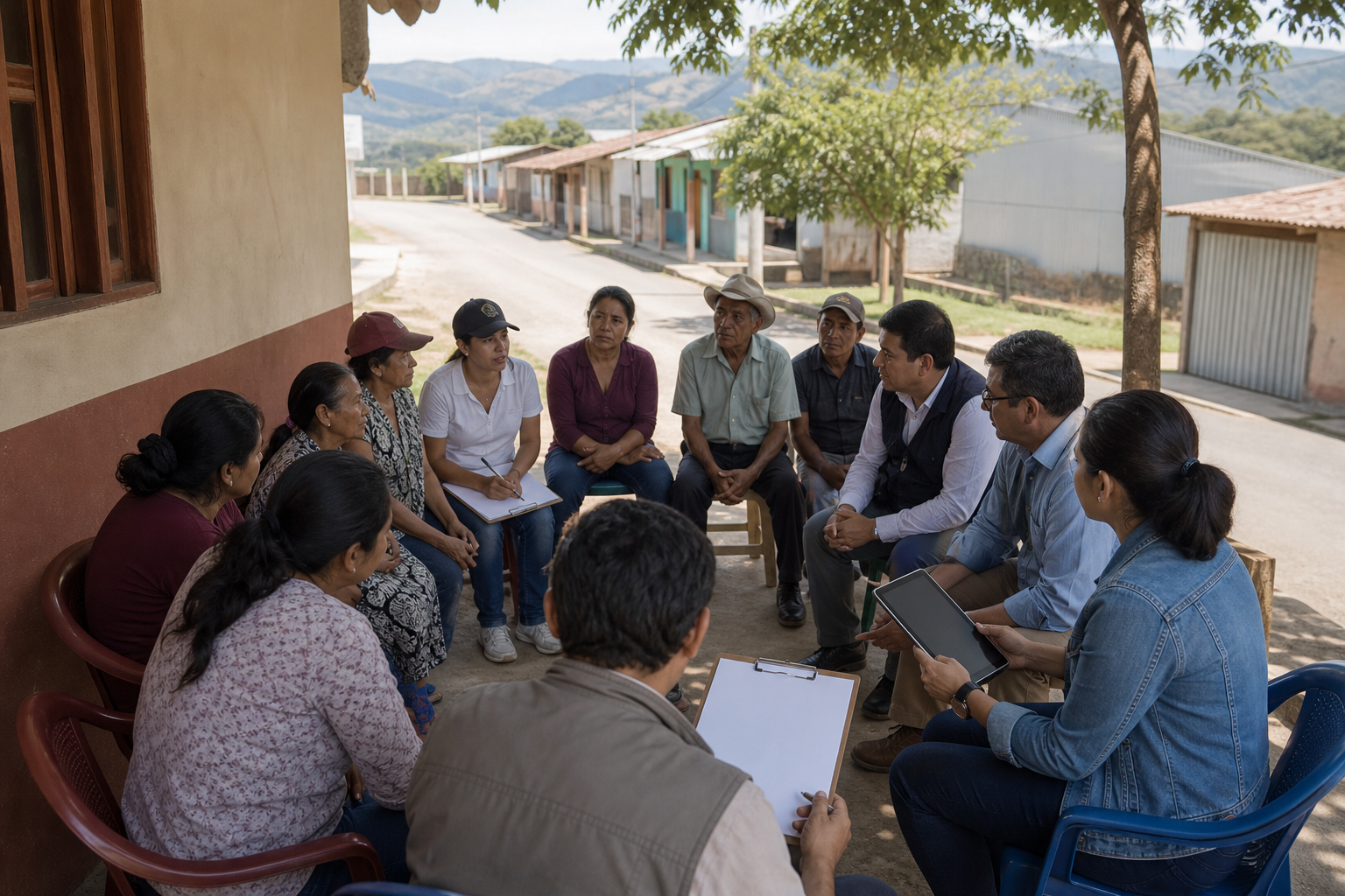 Researchers, local administrators and residents meet in a community courtyard during a field inquiry in a border district.