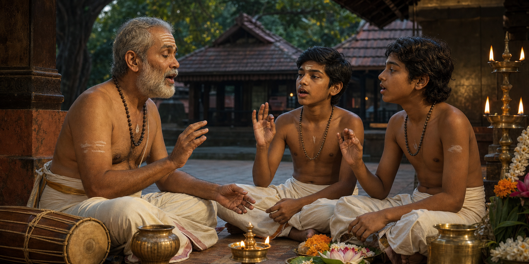 An elder ritual singer teaches two younger performers beside a brass lamp and ceremonial objects in a Kerala shrine courtyard.