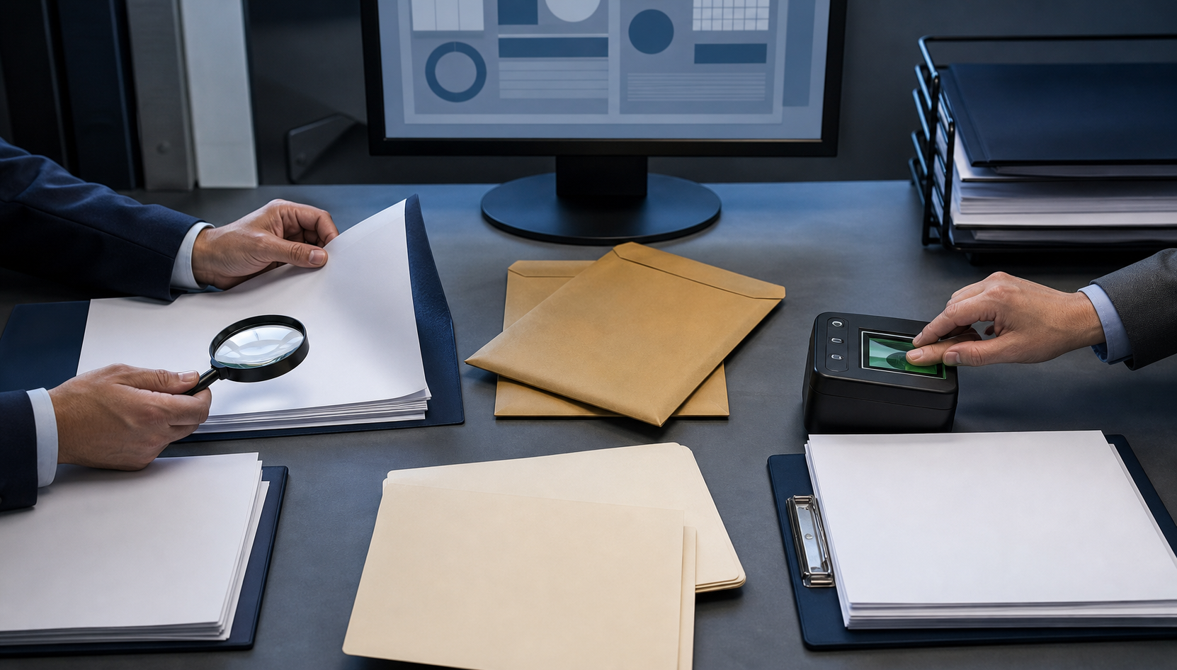Officials compare anonymized records and verification tools on an office desk.