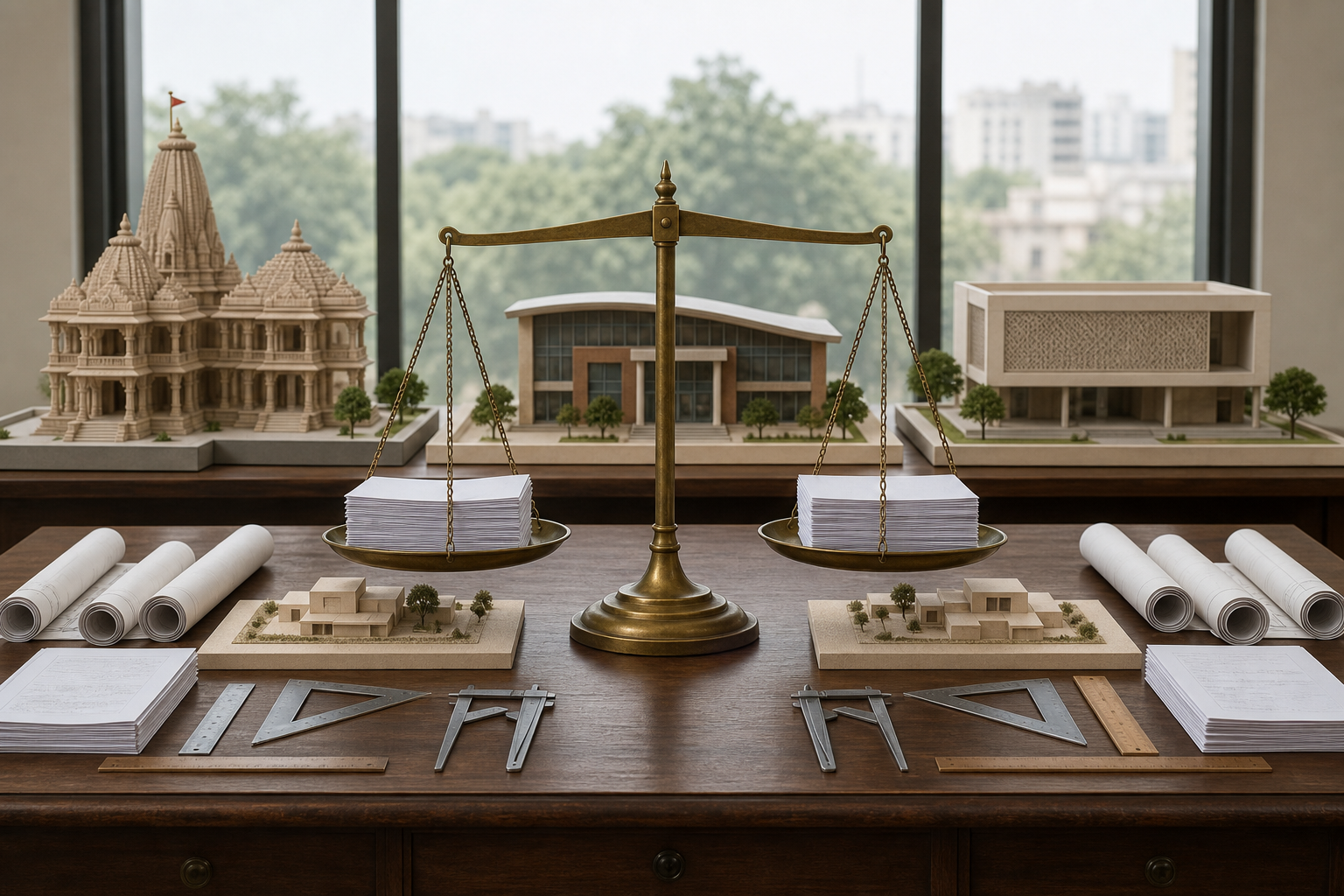 A level balance scale stands between equal stacks of evidence papers and several community-building models.