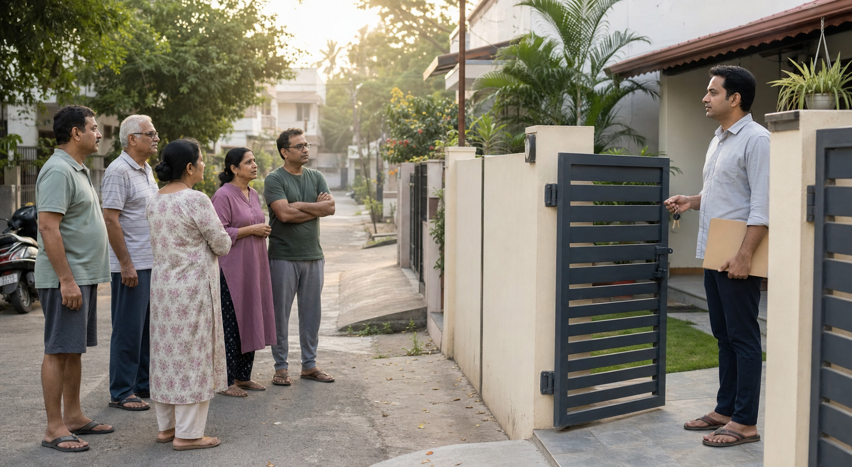 एक मकान की सीमा-दीवार के भीतर चाबी और फाइल पकड़े मालिक तथा बाहर गली में शांतिपूर्वक चर्चा करते पड़ोसी।