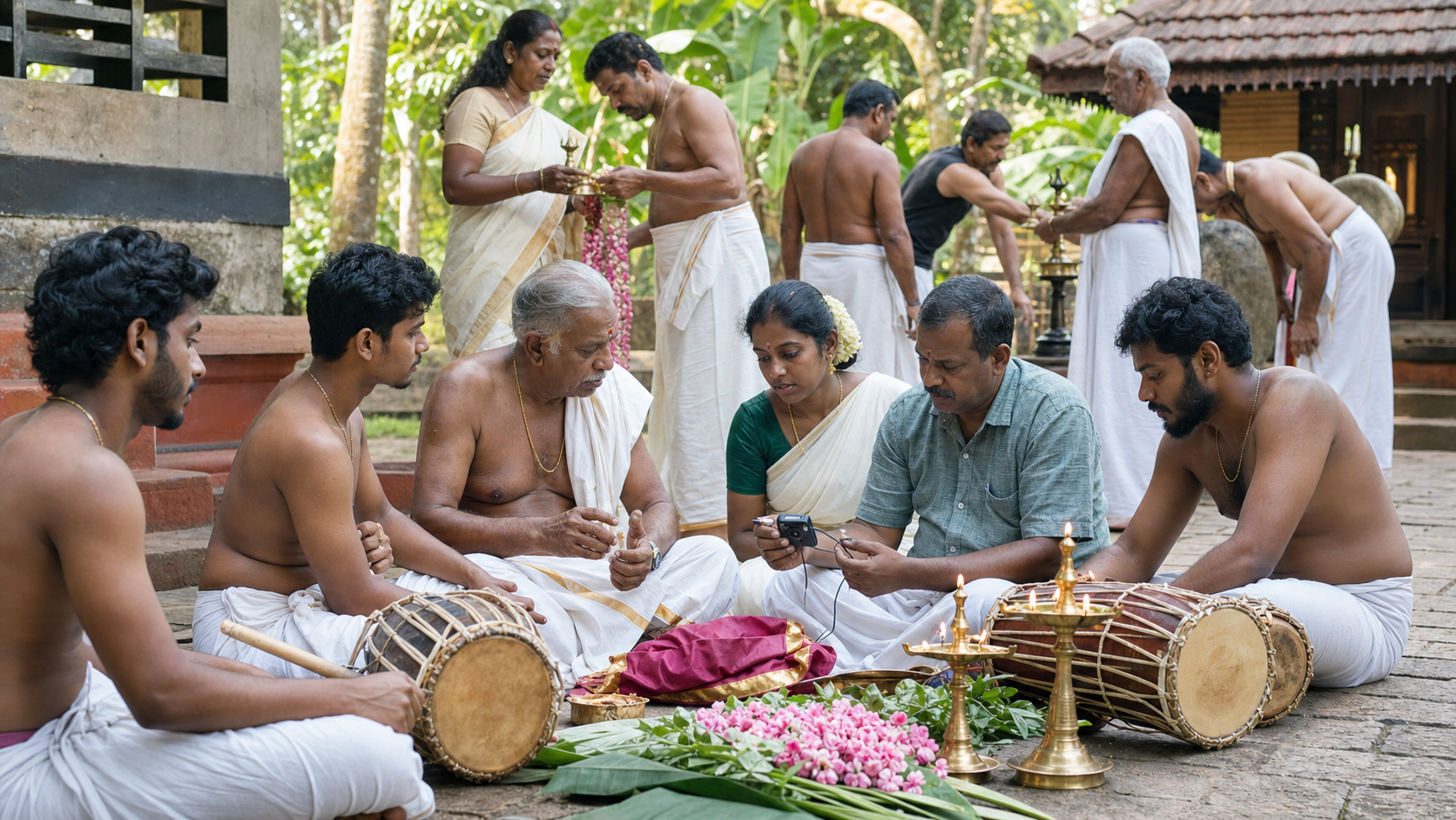 Community members prepare lamps, offerings, instruments, and a recorder while elders guide younger Thottampattu performers in a Kerala shrine courtyard.