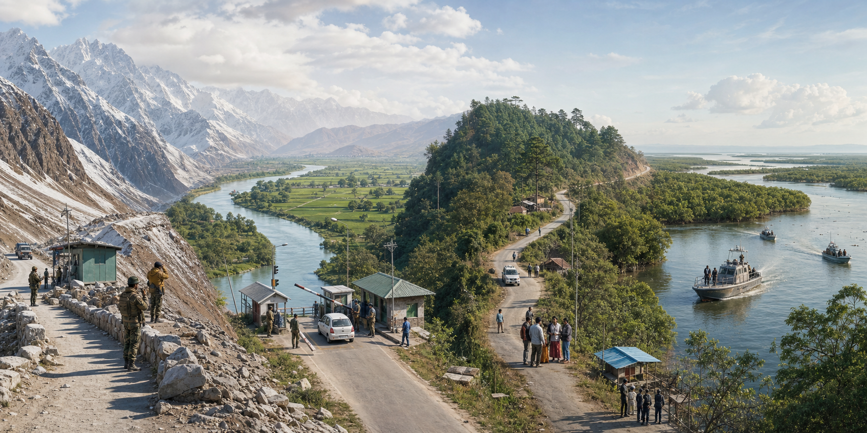Mountain, river-plain, forested hill and tidal-delta border regions are shown with local communities and routine security activity.