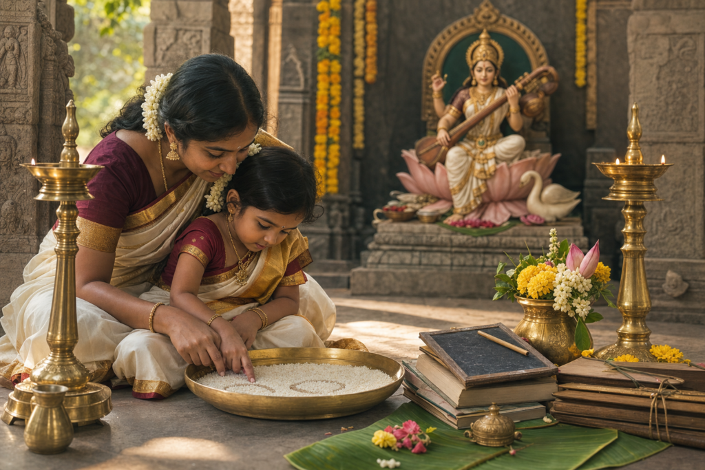 Parent guiding a child to write first letters in rice during Aksharabhyasam at a Saraswathi temple