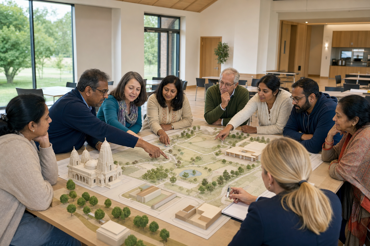 Residents and a council facilitator discuss temple and community-space models around an unlabelled site map.