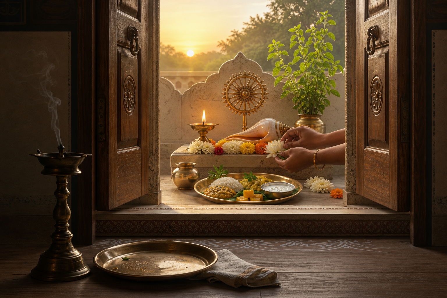 A dawn household shrine with Vishnu symbols, tulsi leaves, flowers, a lit oil lamp, water vessel, and a simple meal arranged beyond an open doorway.
