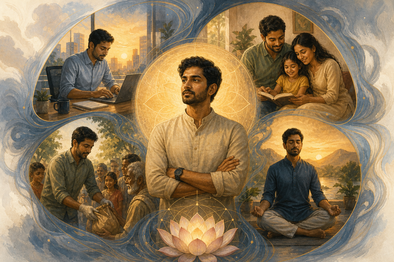 A calm person stands between scenes of office work, family care, community service, and meditation as blue-gray currents flow around a warm central glow.