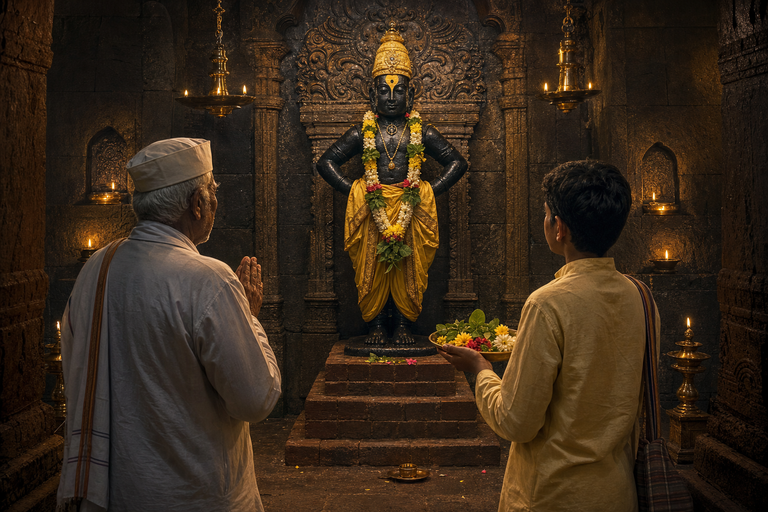 An older pilgrim and a young pilgrim pray before a garlanded stone image of Vithoba in a lamp-lit shrine.