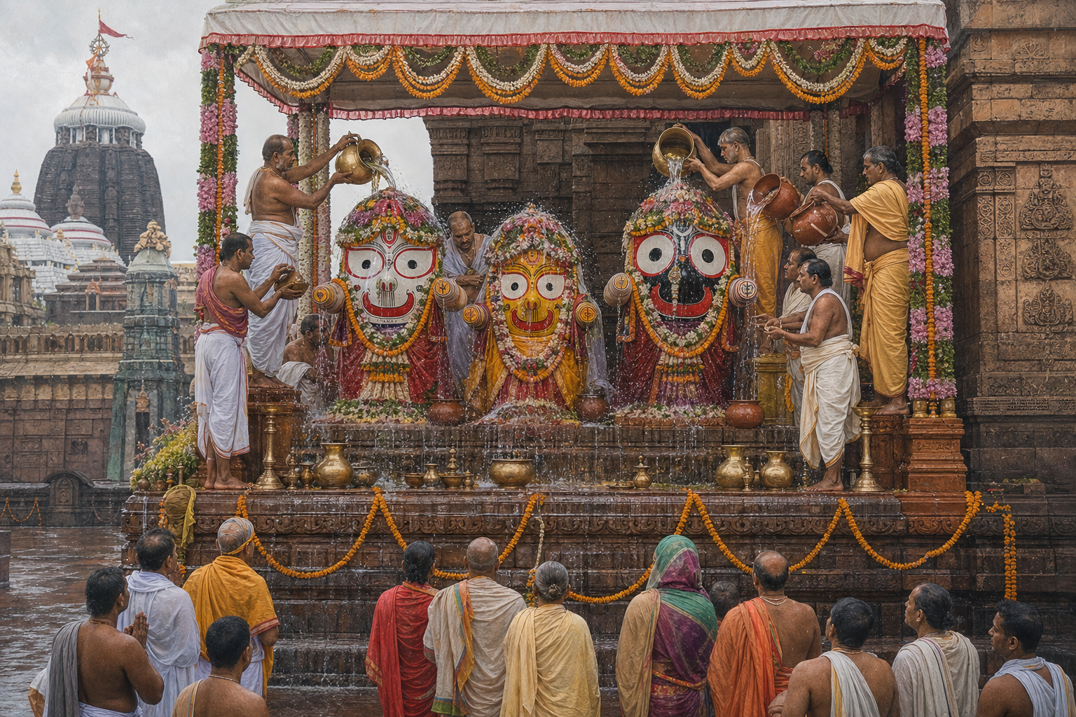 Temple servitors ceremonially bathe the wooden forms of Jagannath, Balabhadra and Subhadra on a raised platform as devotees watch.