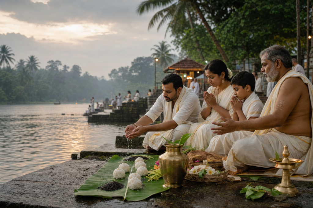 Malayali family performing Karkidaka Vavu Bali offerings beside a misty Kerala riverbank at dawn.