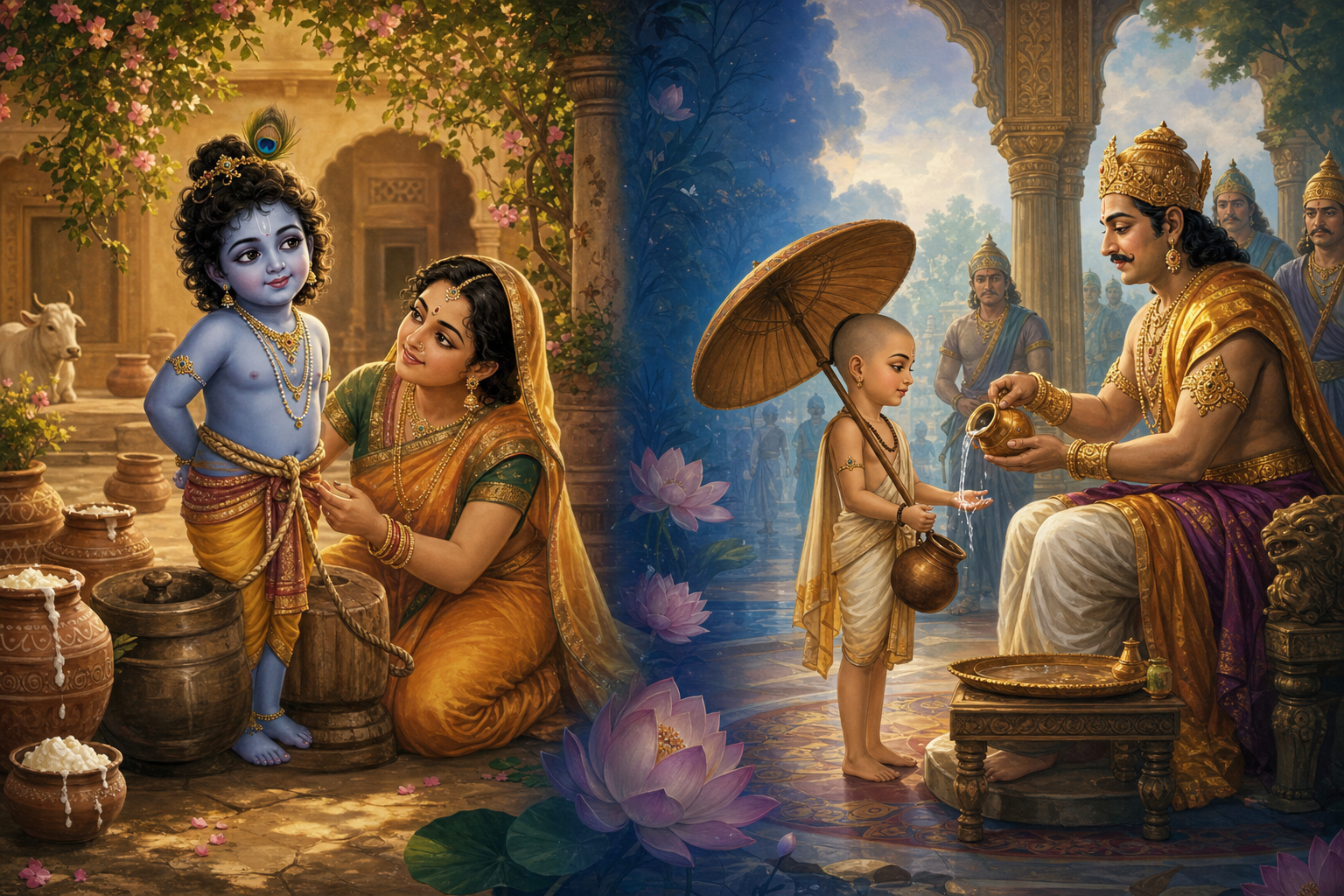 A split devotional scene showing child Krishna as Damodara beside Yashoda and a wooden mortar, and Vamana receiving a ritual gift of water from King Bali.
