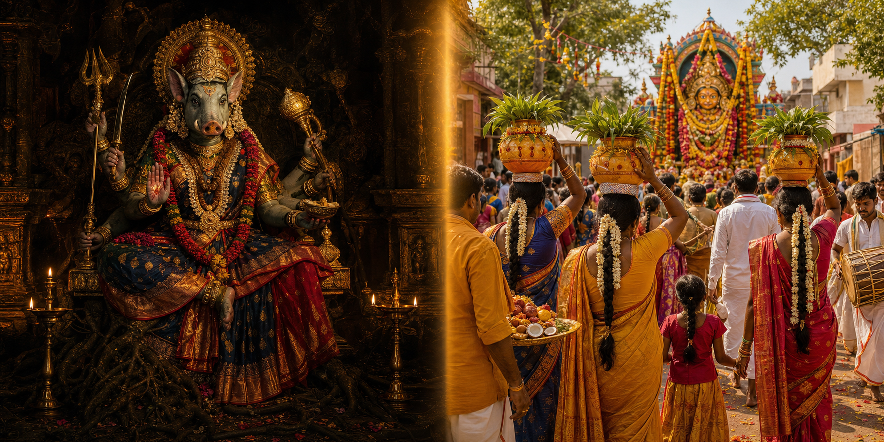A diptych shows Varahi in a lamp-lit stone sanctuary beside a Telangana Mahankali festival procession with decorated offering pots, neem leaves, drummers, and devotees.