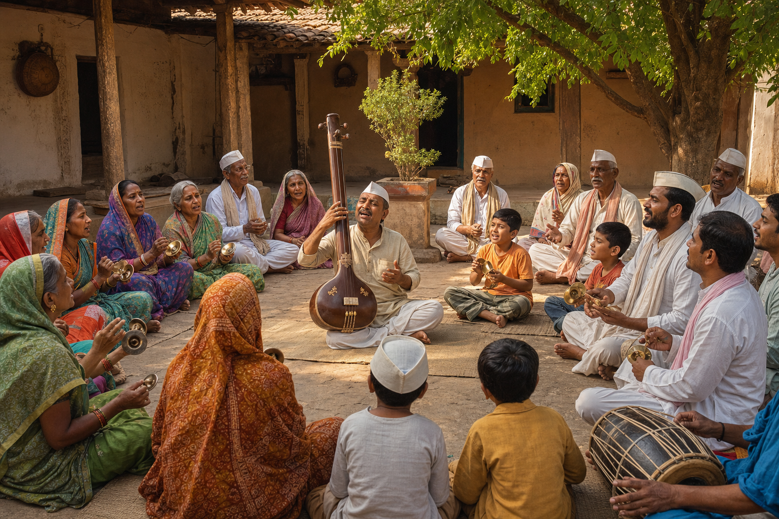 Women, men and children sing together around a tanpura player in a Maharashtra village courtyard.