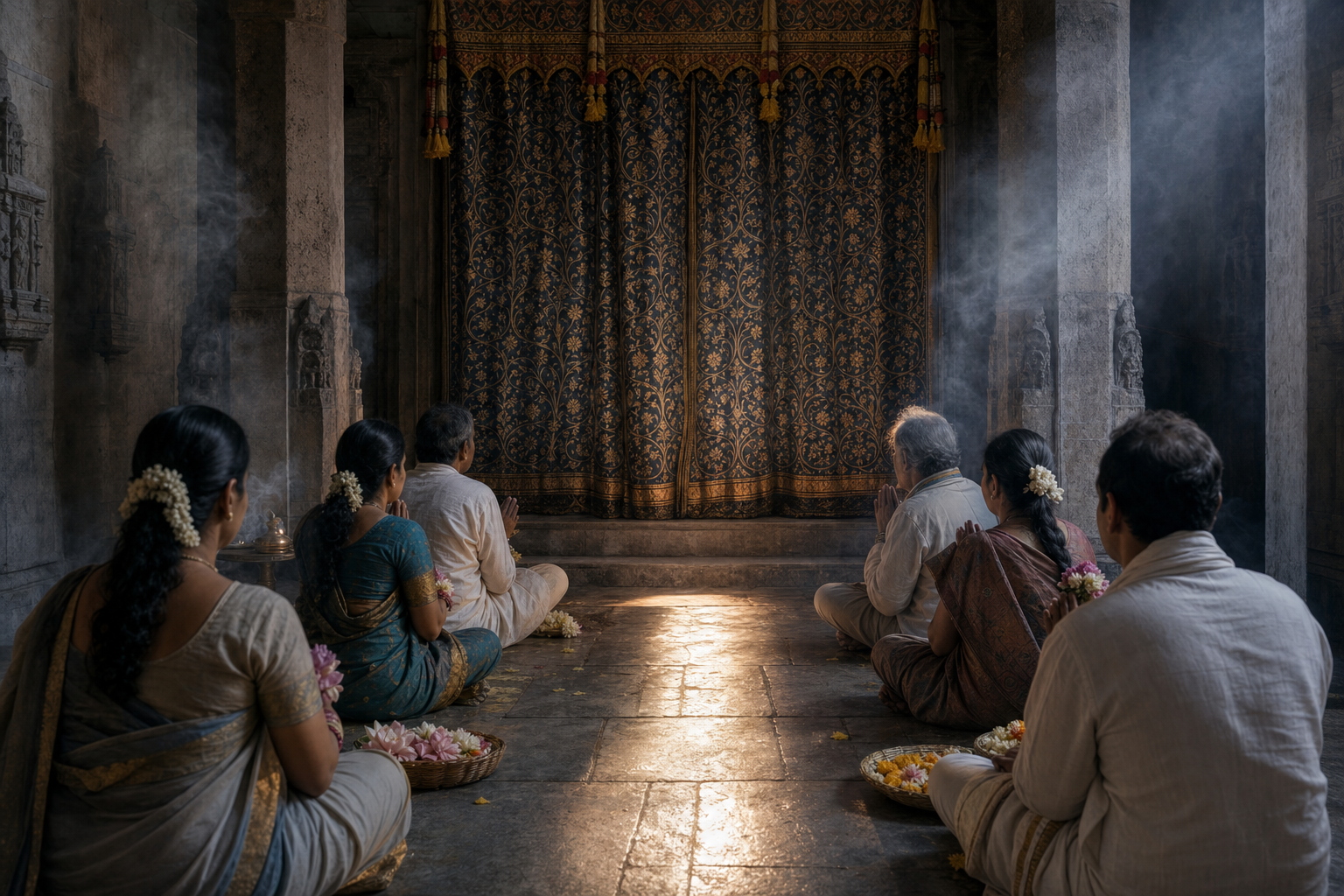 Devotees wait with folded hands and flower offerings outside a curtained temple passage during the deities' period of seclusion.
