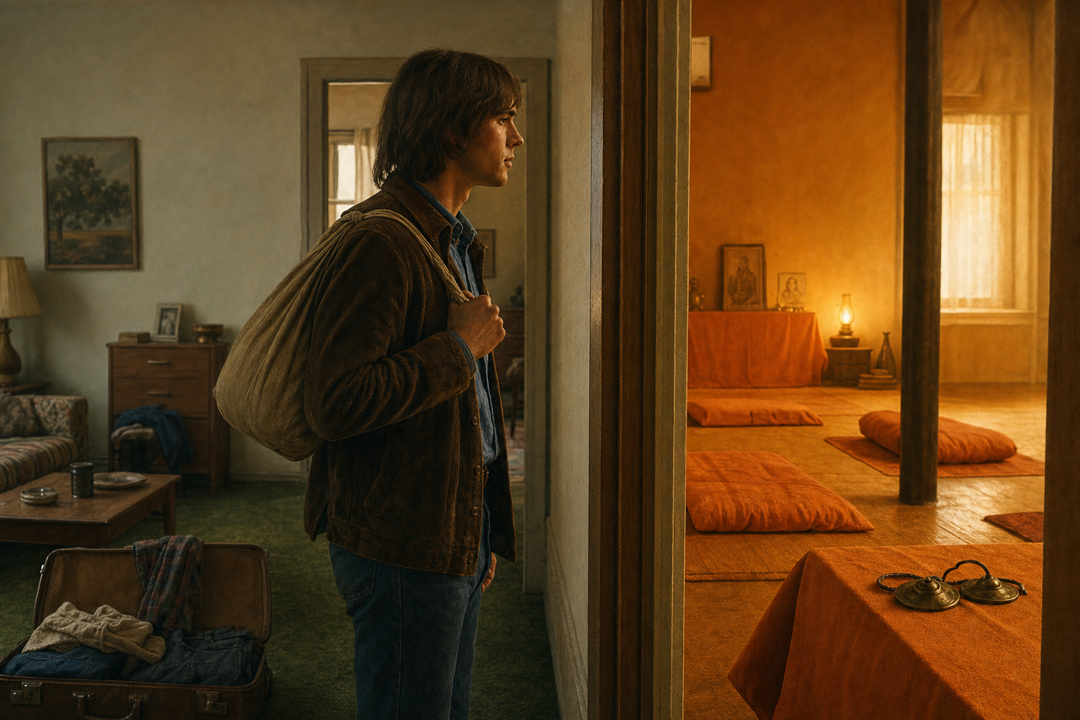 A young man carrying a small cloth bag leaves a family home and approaches a warmly lit devotional ashram.