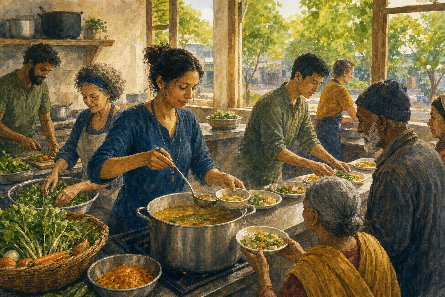 Volunteers calmly prepare and serve a meal together in a sunlit community kitchen.