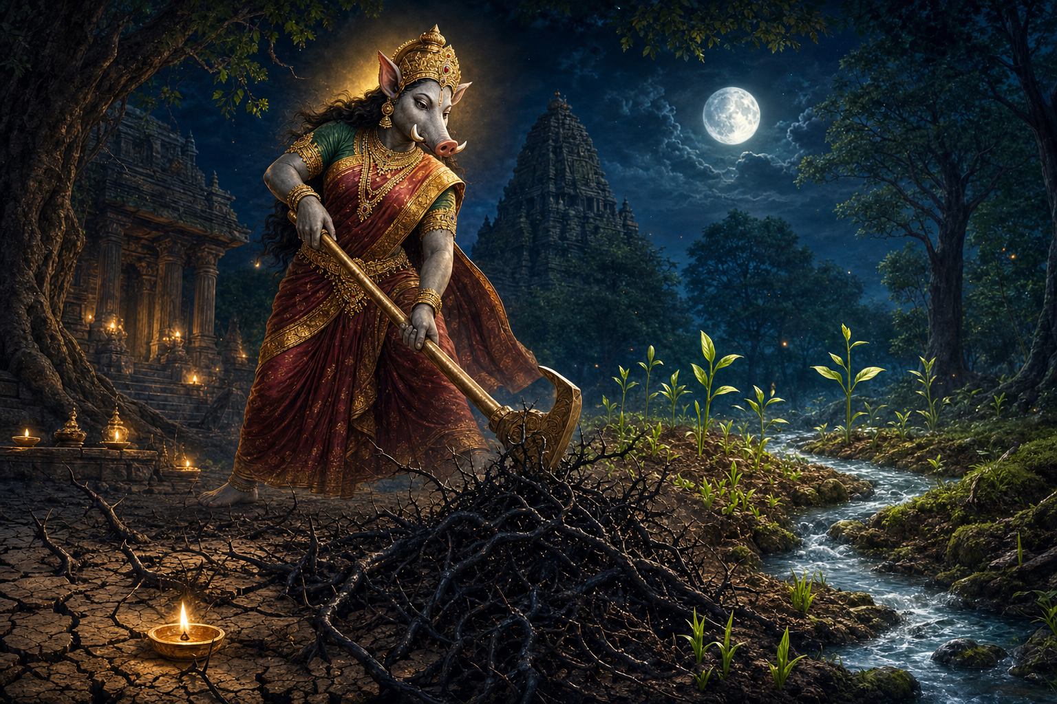 Varahi stands in a moonlit forest-temple setting and pulls thorny dark roots from the earth as green shoots and clear water reappear.