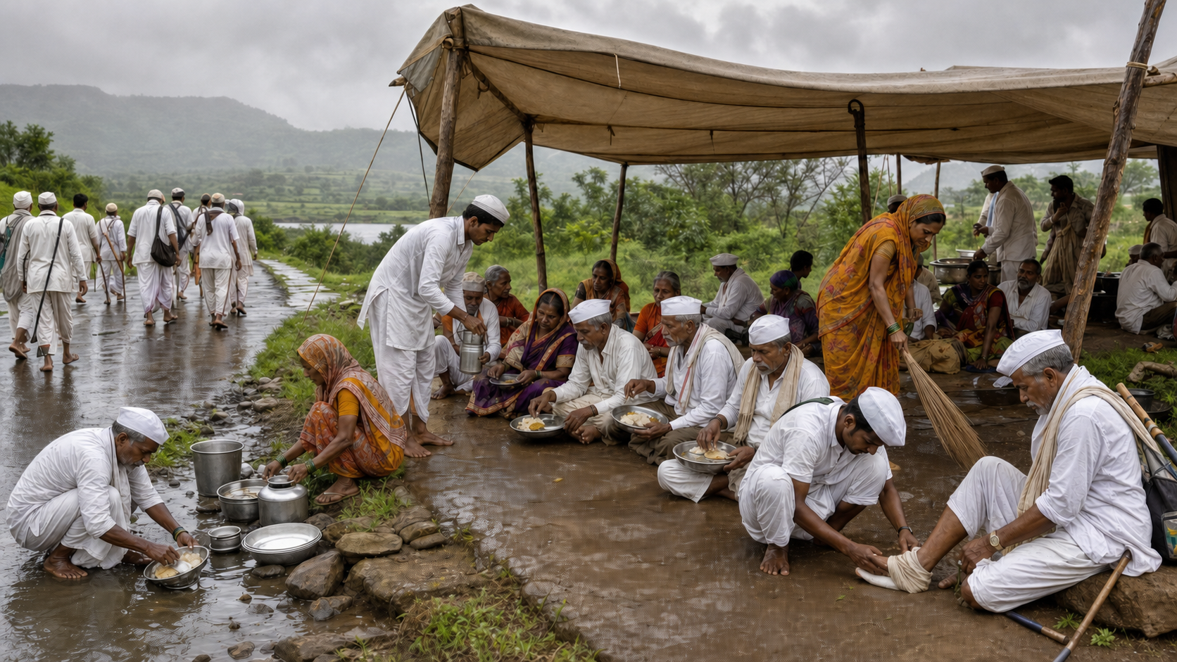 Volunteers serve food and water, clean utensils and assist an older pilgrim at a monsoon pilgrimage rest stop.