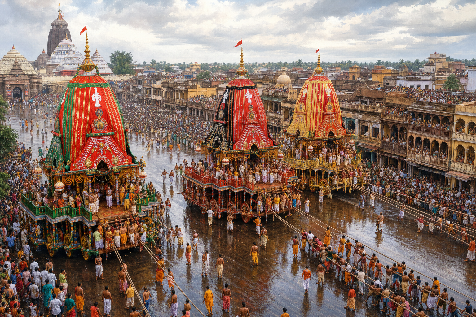 Three towering festival chariots travel along Puri's Grand Road as devotees pull ropes and temple servitors guide the procession.