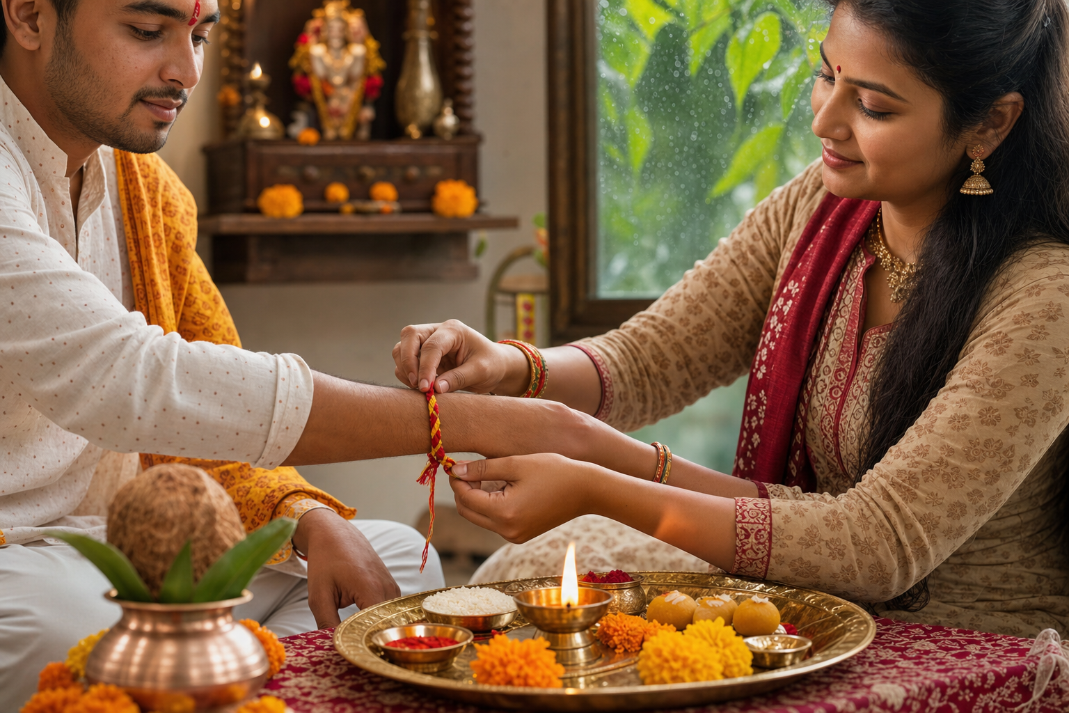 Gujarati sister tying a raksha thread on her brother's wrist for Vir Pasli vrat