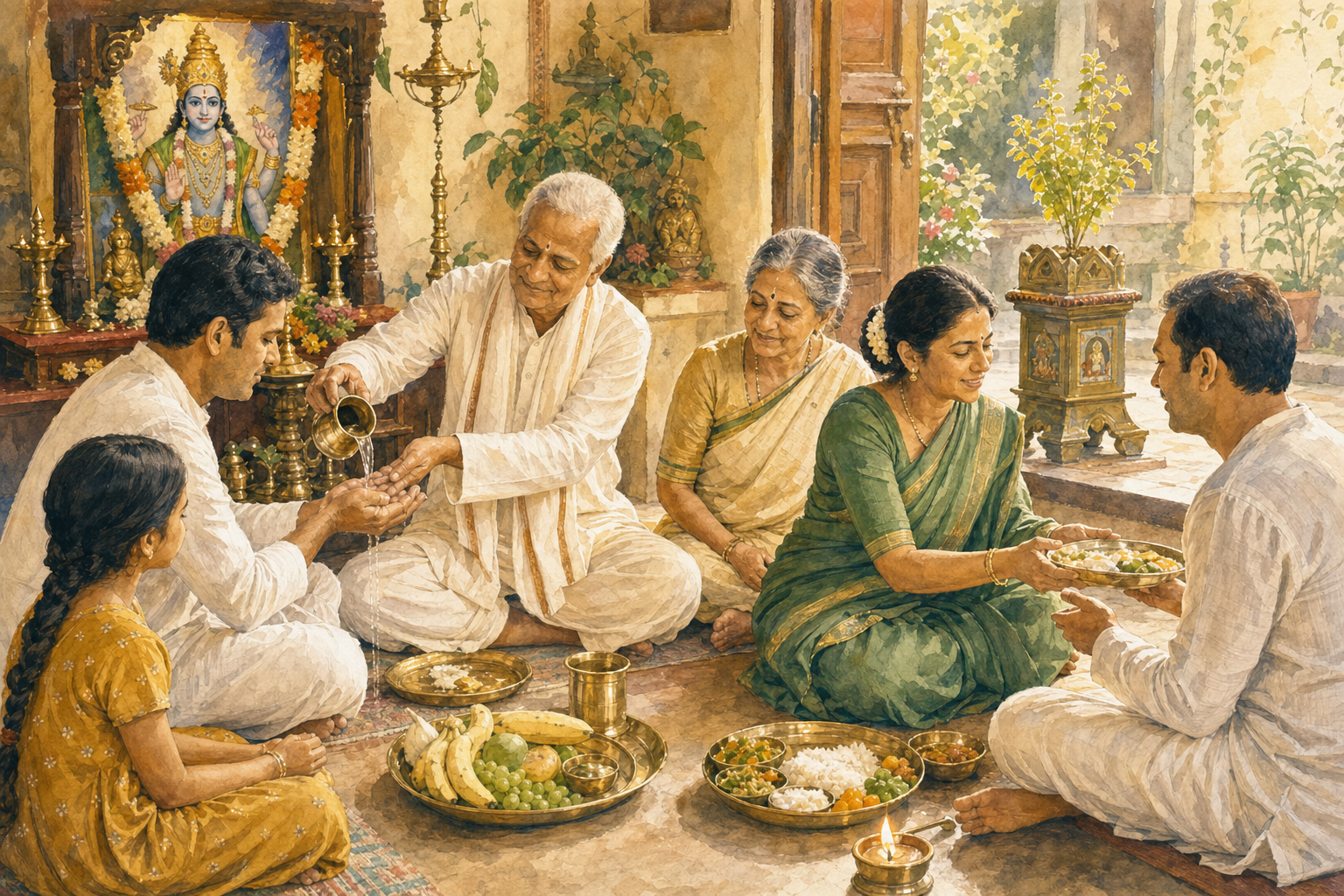 A multigenerational family completes a fast with water and a simple meal beside a Vishnu shrine while serving a guest first.