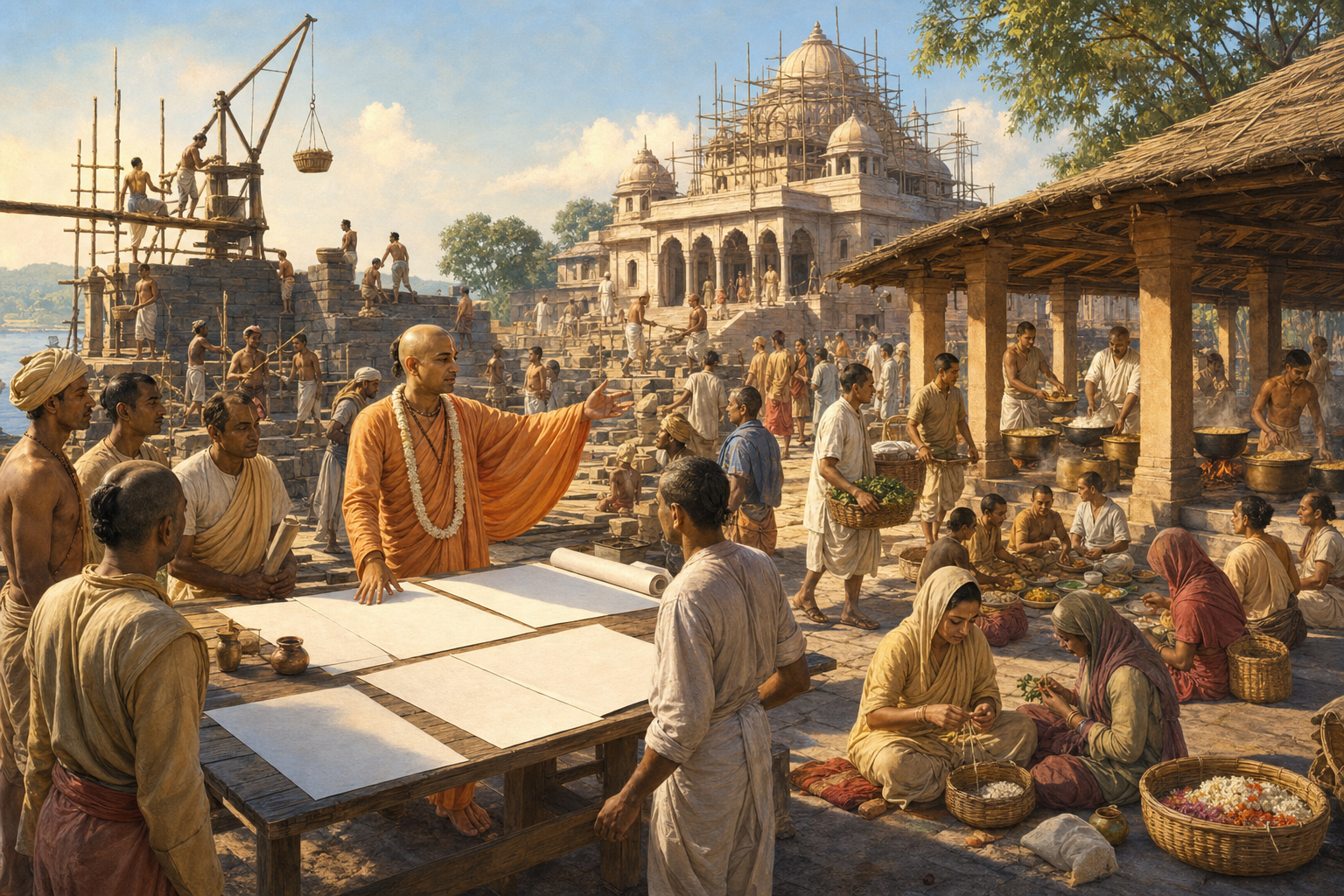 A saffron-robed spiritual leader coordinates builders and volunteers working throughout a developing temple community.