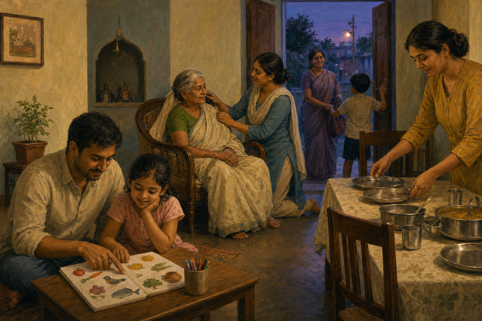 Family members help a child, care for an elder, prepare a meal, and welcome a neighbor in a warmly lit home.