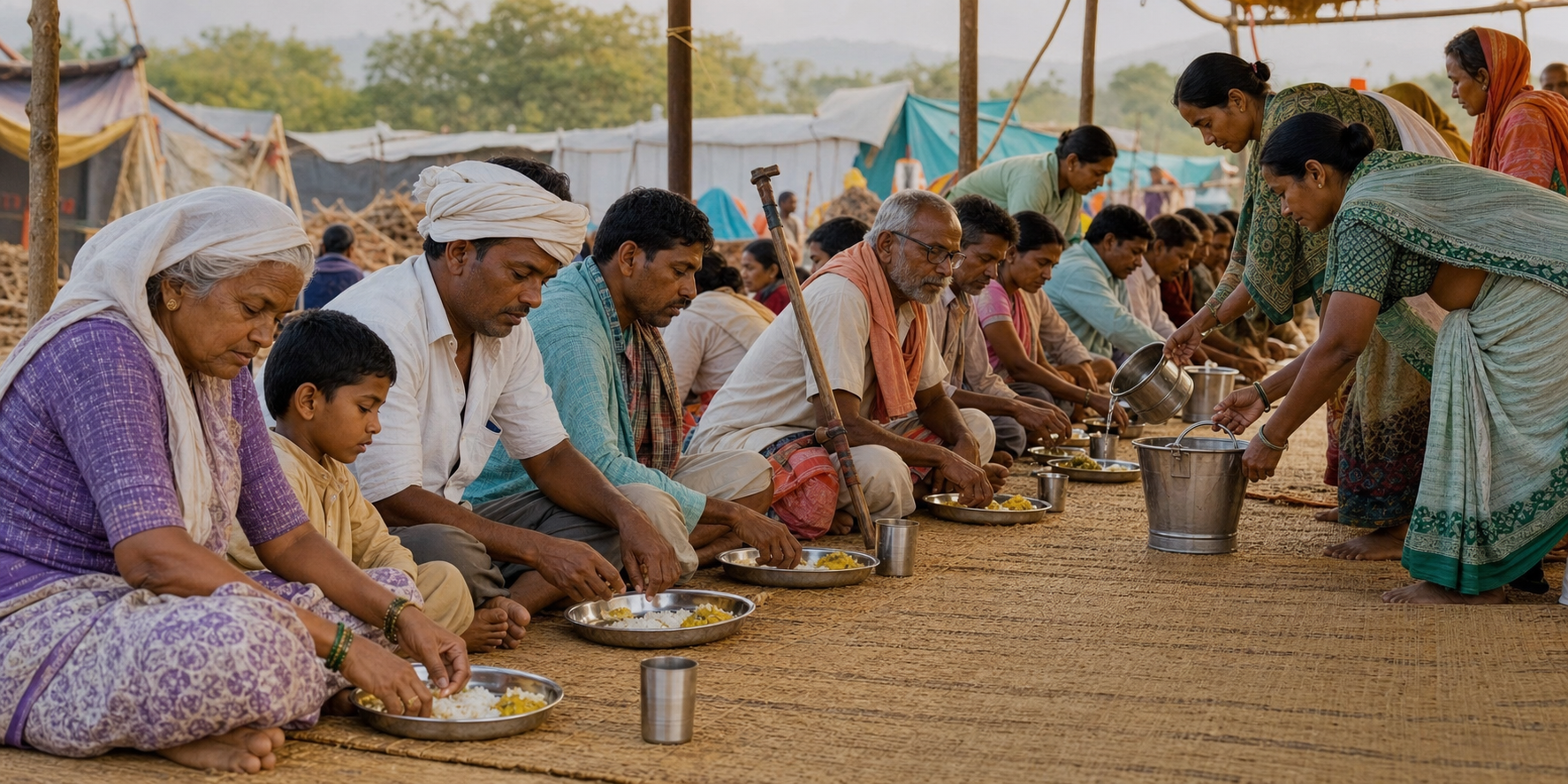 Pilgrims of different ages share a simple meal in one row while others serve water and collect plates.