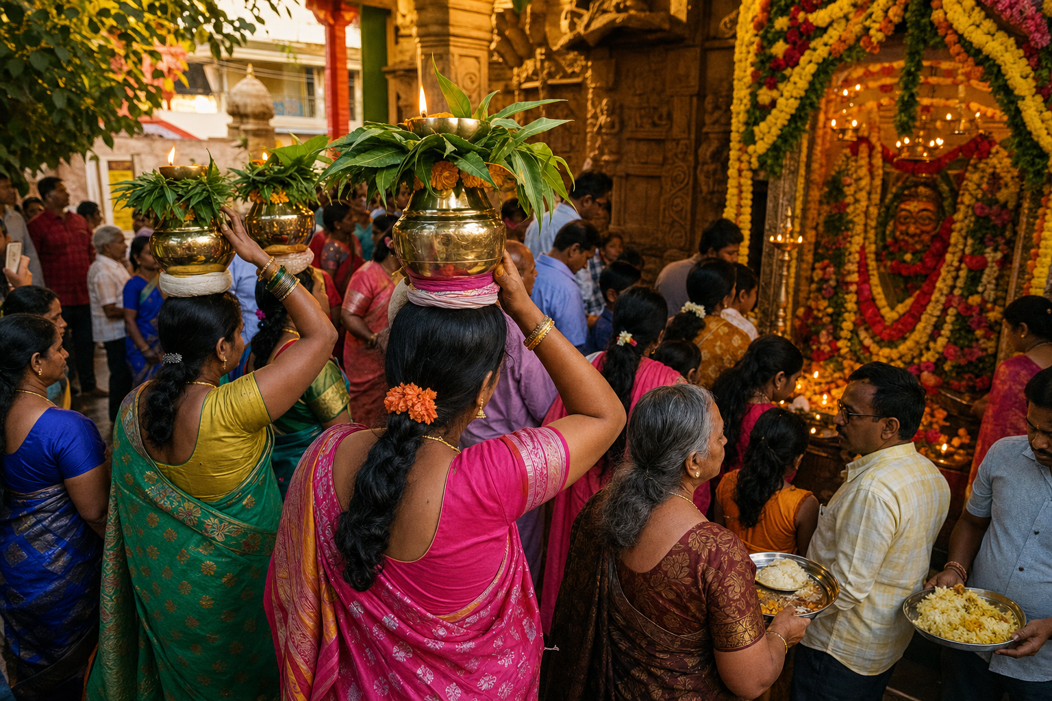 Women carrying decorated pots with neem leaves join families, drummers, elders, and children in a Telangana Mahankali temple courtyard.