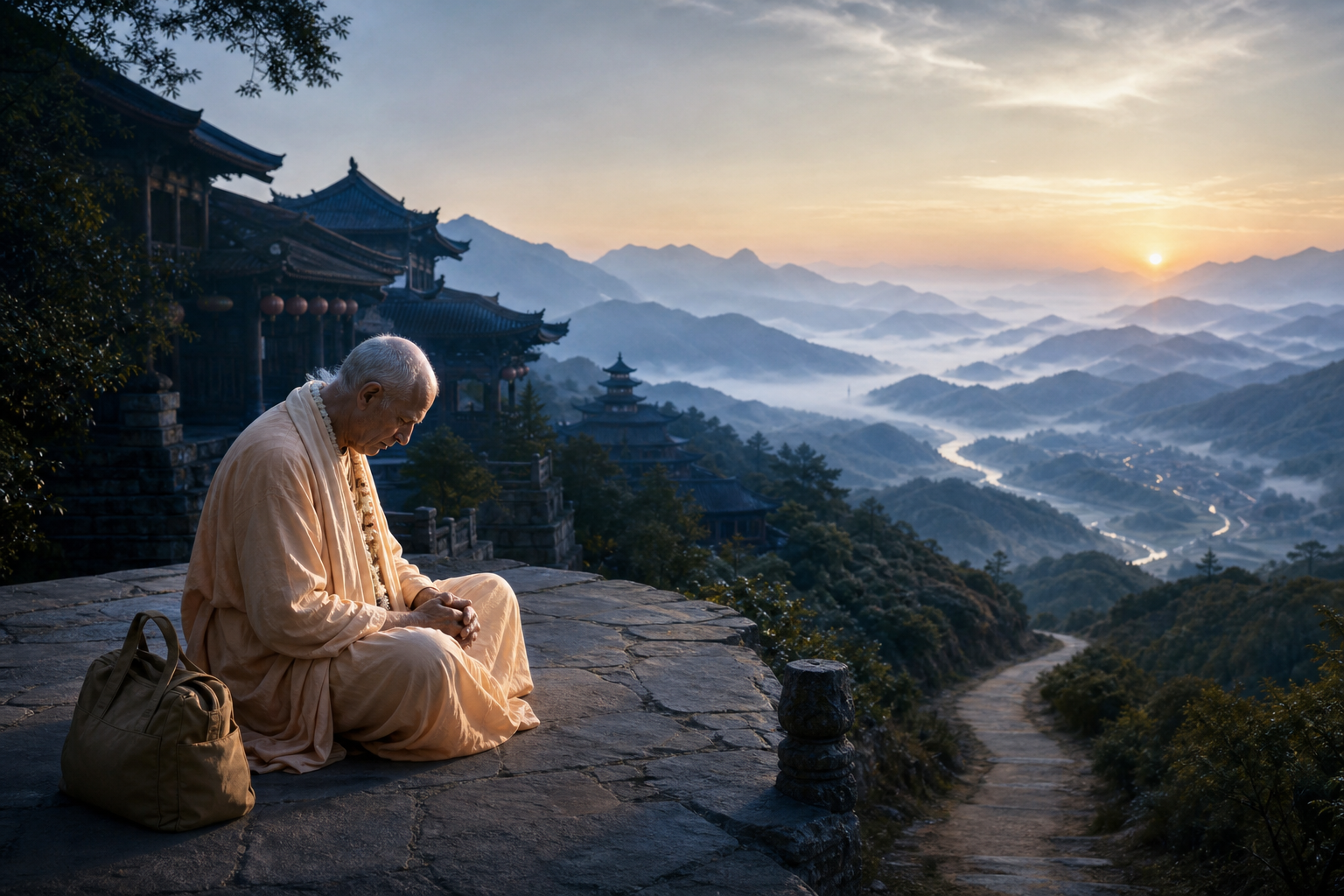 A saffron-robed monk sits beside a travel bag, looking from a temple compound toward misty mountains and a distant East Asian settlement.