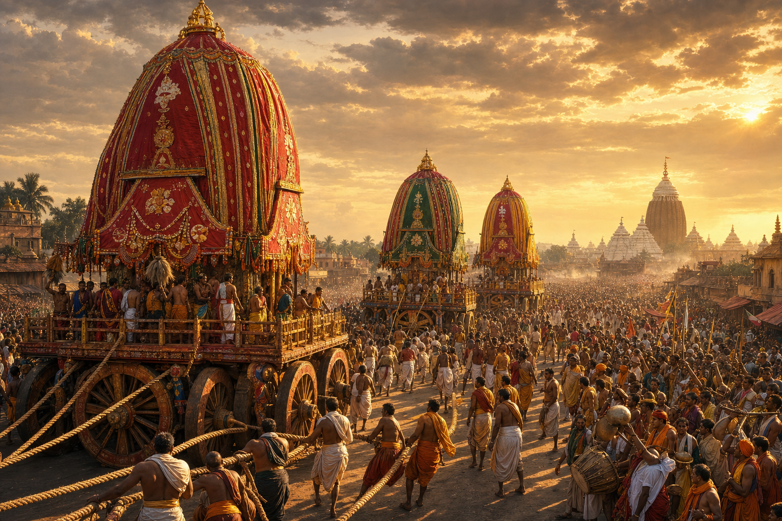 Decorated chariots return toward the Jagannath Temple during Bahuda Yatra, accompanied by devotees, musicians and temple servitors.