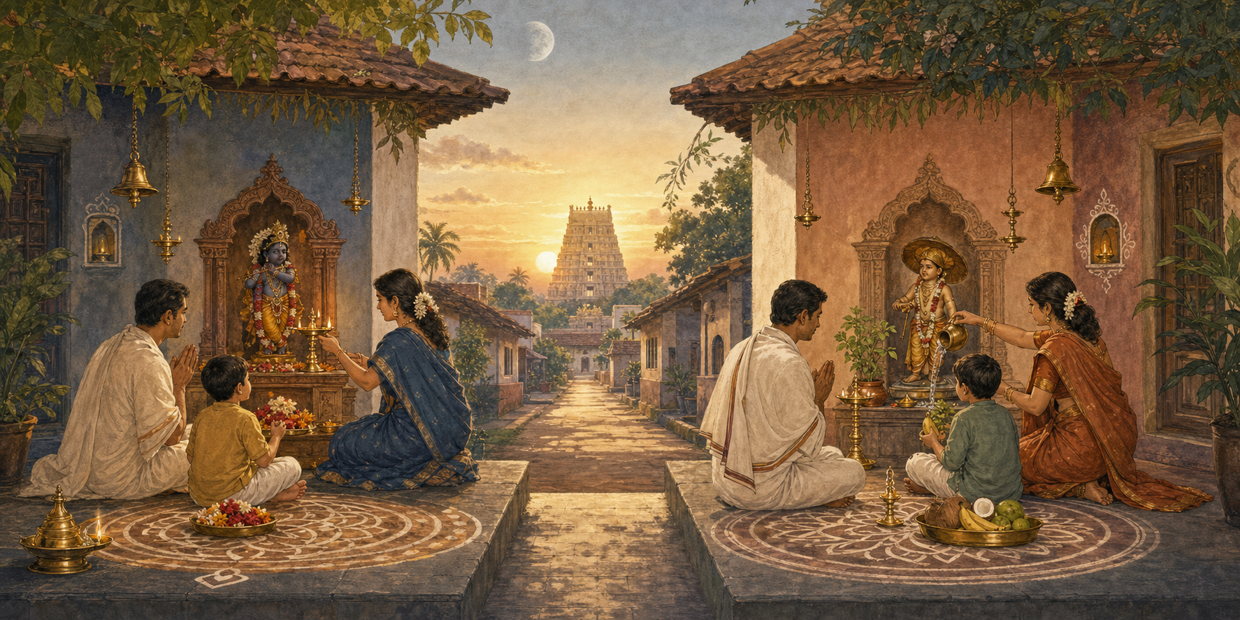 Two neighboring families perform distinct Damodara and Vamana devotions in separate courtyards facing the same distant Vishnu temple.