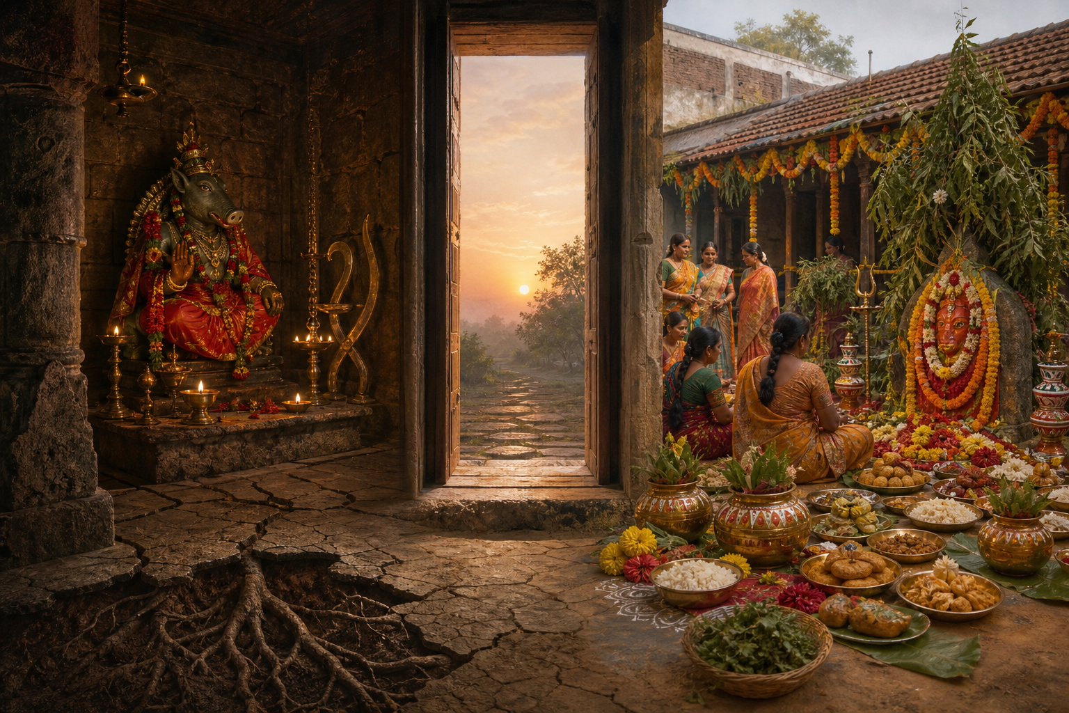 A lamp-lit Varahi shrine and a Telangana courtyard prepared for Mahankali worship occupy separate spaces connected by an open doorway at dawn.