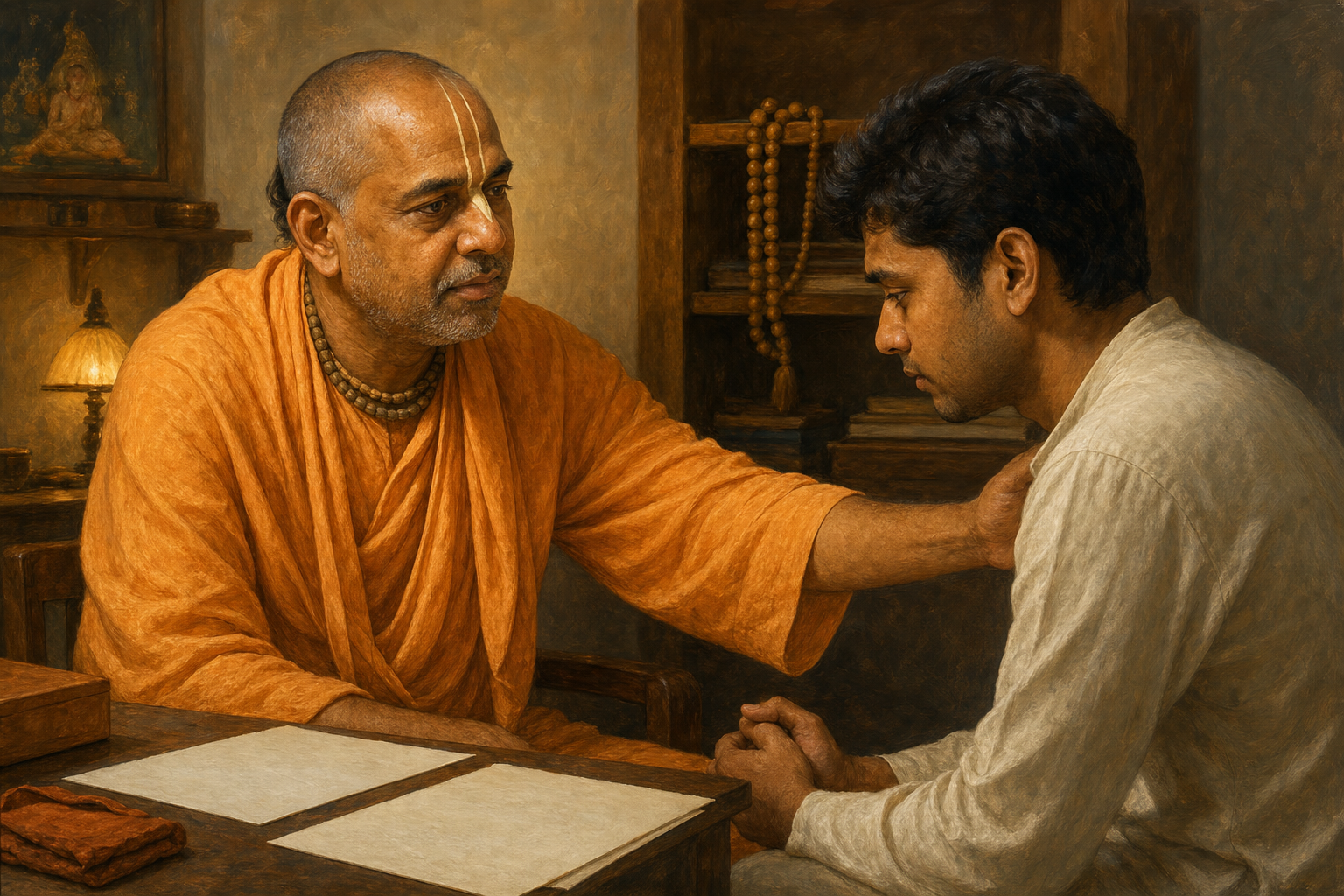 A senior saffron-robed spiritual leader listens closely to a troubled younger devotee in a modest temple office.