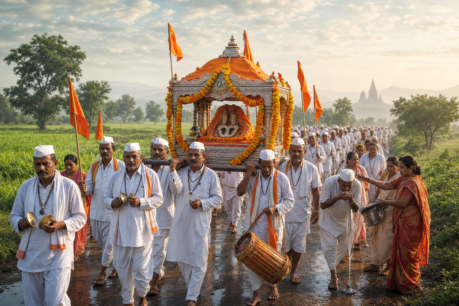 Warkari devotees carrying a decorated palkhi with sacred paduka during the Sant Gajanan Maharaj pilgrimage in rural Maharashtra.