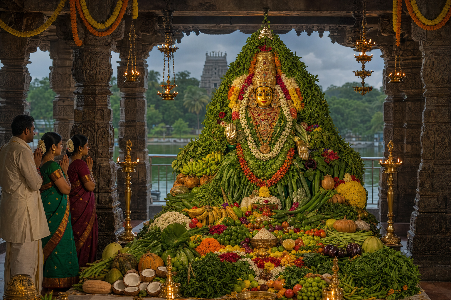 Bhadrakali Ammavaru in Shakambari alankaram with vegetable offerings at Bhadrakali Temple, Warangal
