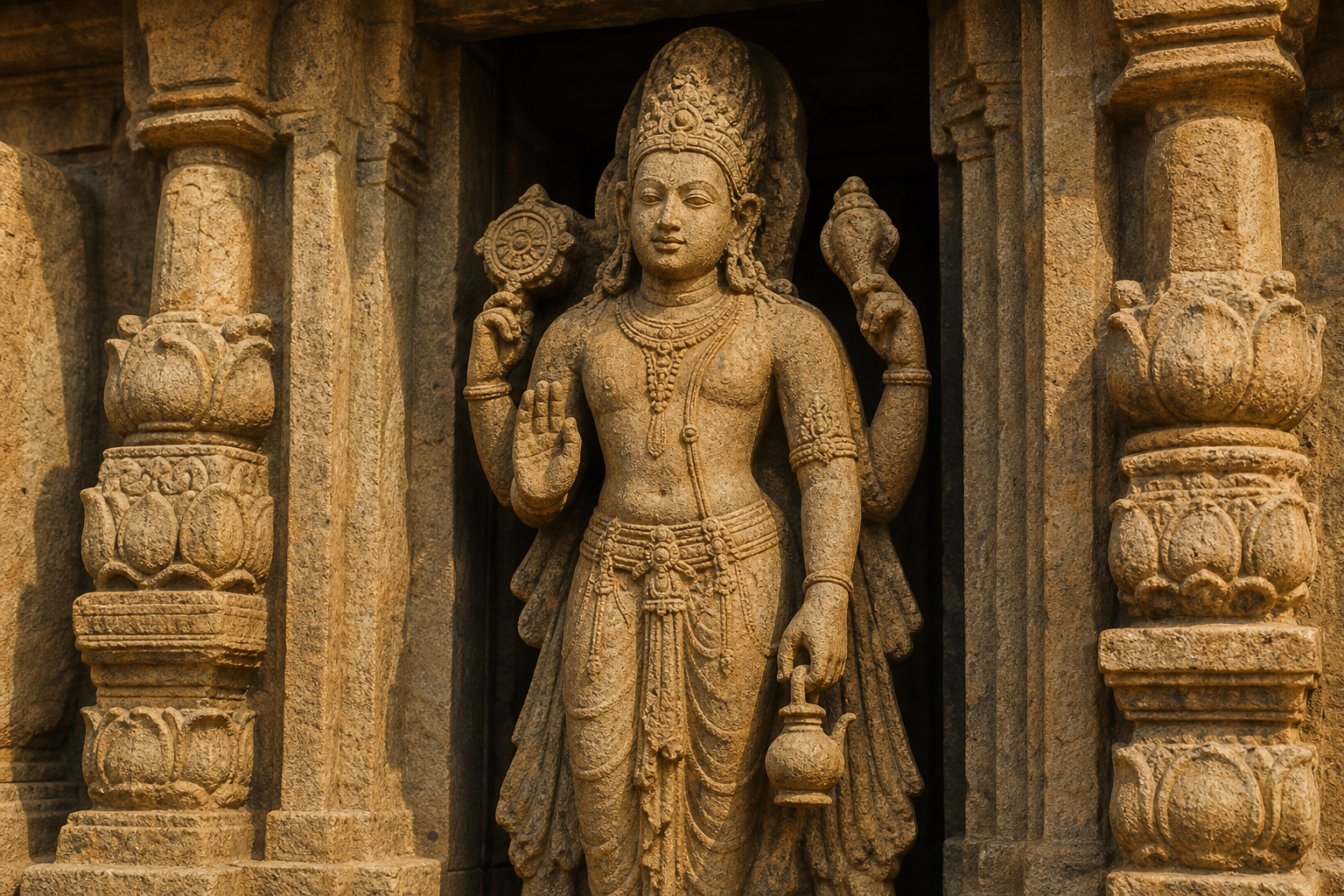 Weathered sandstone temple relief of a sacred figure holding a small spouted ritual water vessel beside a shrine doorway.