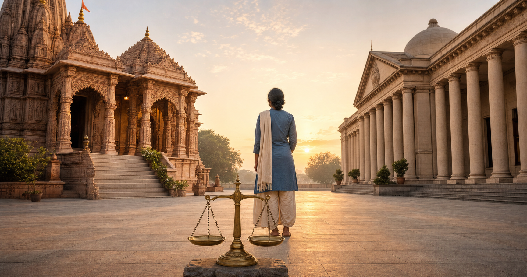 An adult stands in an open courtyard between a Hindu temple entrance and a secular courthouse, with balanced scales in the foreground.