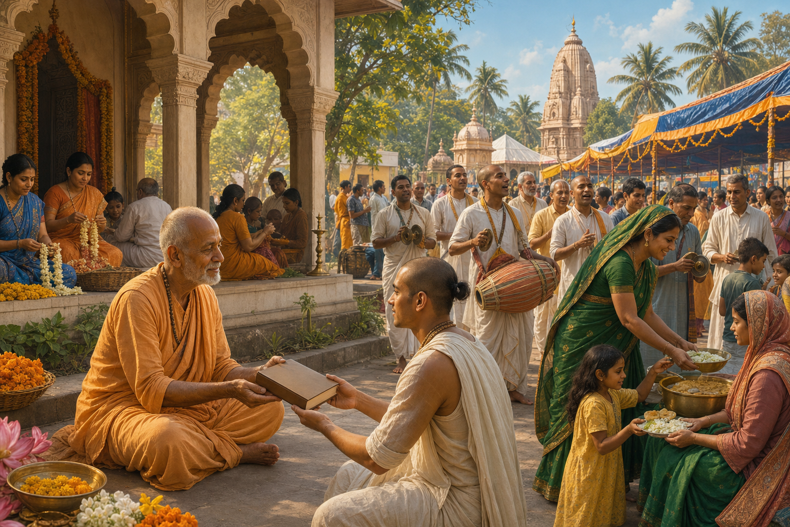 An elderly Vaishnava teacher passes a closed book to a younger disciple as a multigenerational community prepares a public festival behind them.