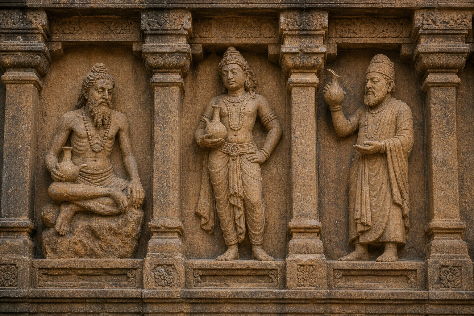 Three adjacent sandstone figures in temple niches shown with ritual water vessels in different positions and settings.