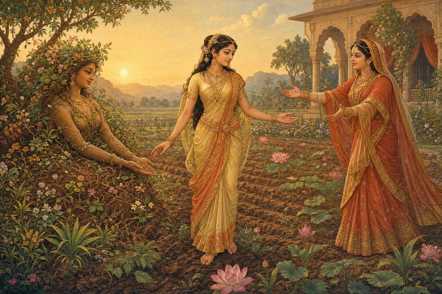 Sita stands between a maternal figure rising from flowering earth and Queen Sunayana approaching from a palace garden.