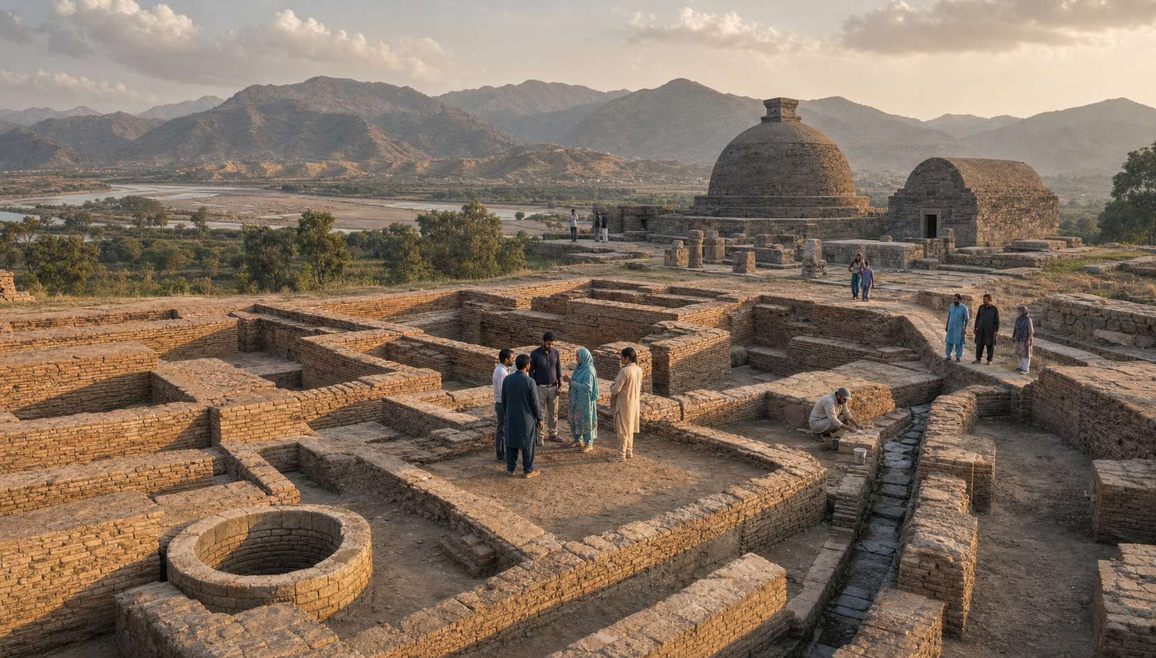 Ancient brick ruins, a stone stupa, and distant hills share a layered landscape as visitors and conservators walk through the archaeological site.