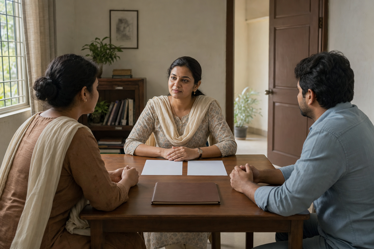 Two adults meet with a legal counselor at a table holding blank documents in a softly lit consultation room.