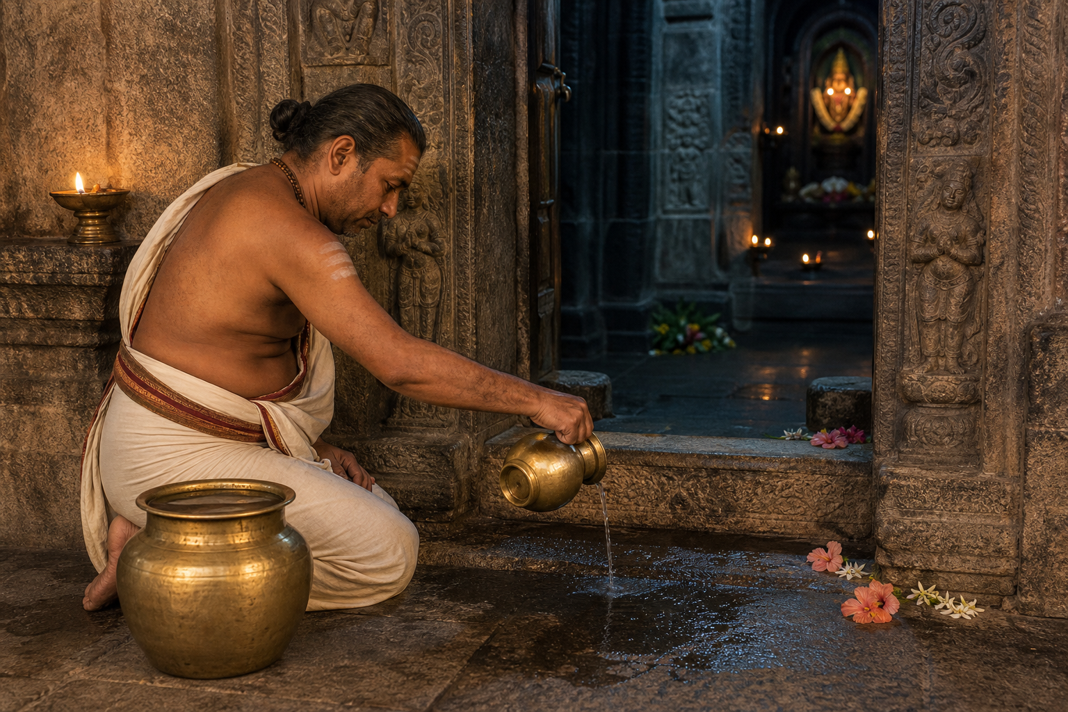 Temple attendant pouring water from a spouted vessel across the stone threshold of a shrine while a second vessel stands nearby.