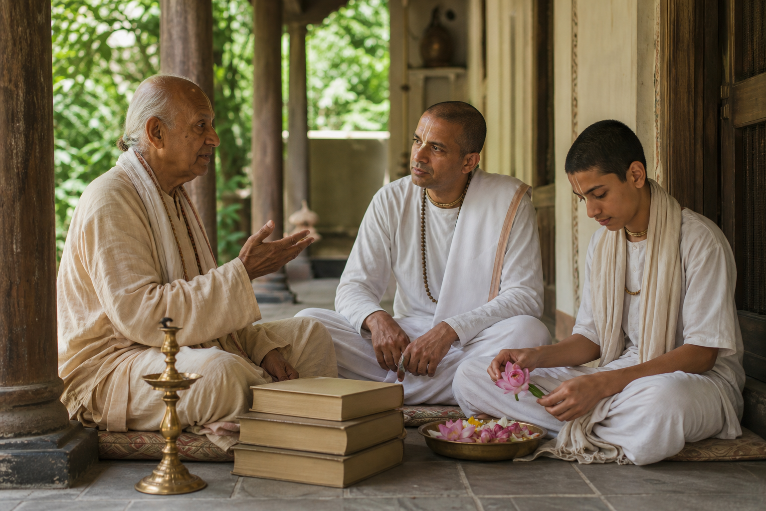 Three generations of Vaishnava practitioners study together on a veranda beside prayer beads, flower offerings, a brass lamp, and closed books.