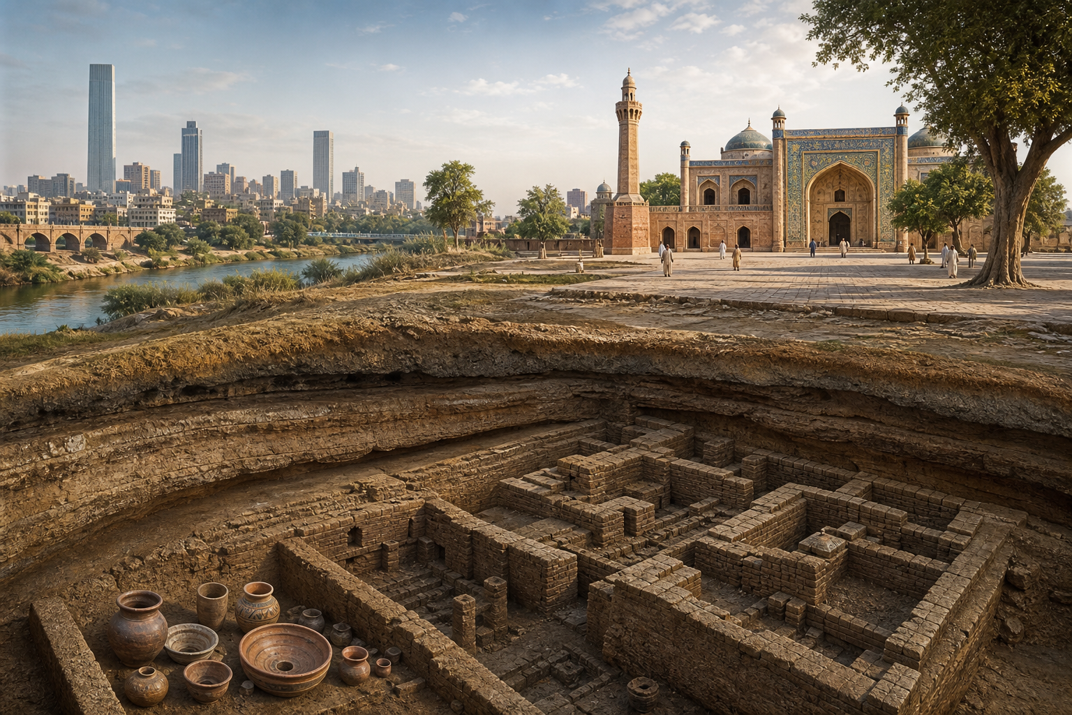 A cutaway landscape shows an ancient brick settlement below ground and later religious architecture and a modern city above it.