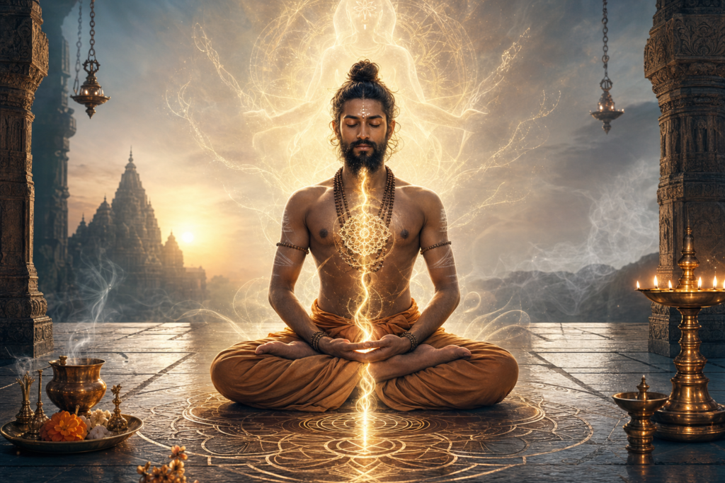 Hindu practitioner meditating in a temple with golden Shakti light, mandala floor, oil lamps, and a translucent divine aura.